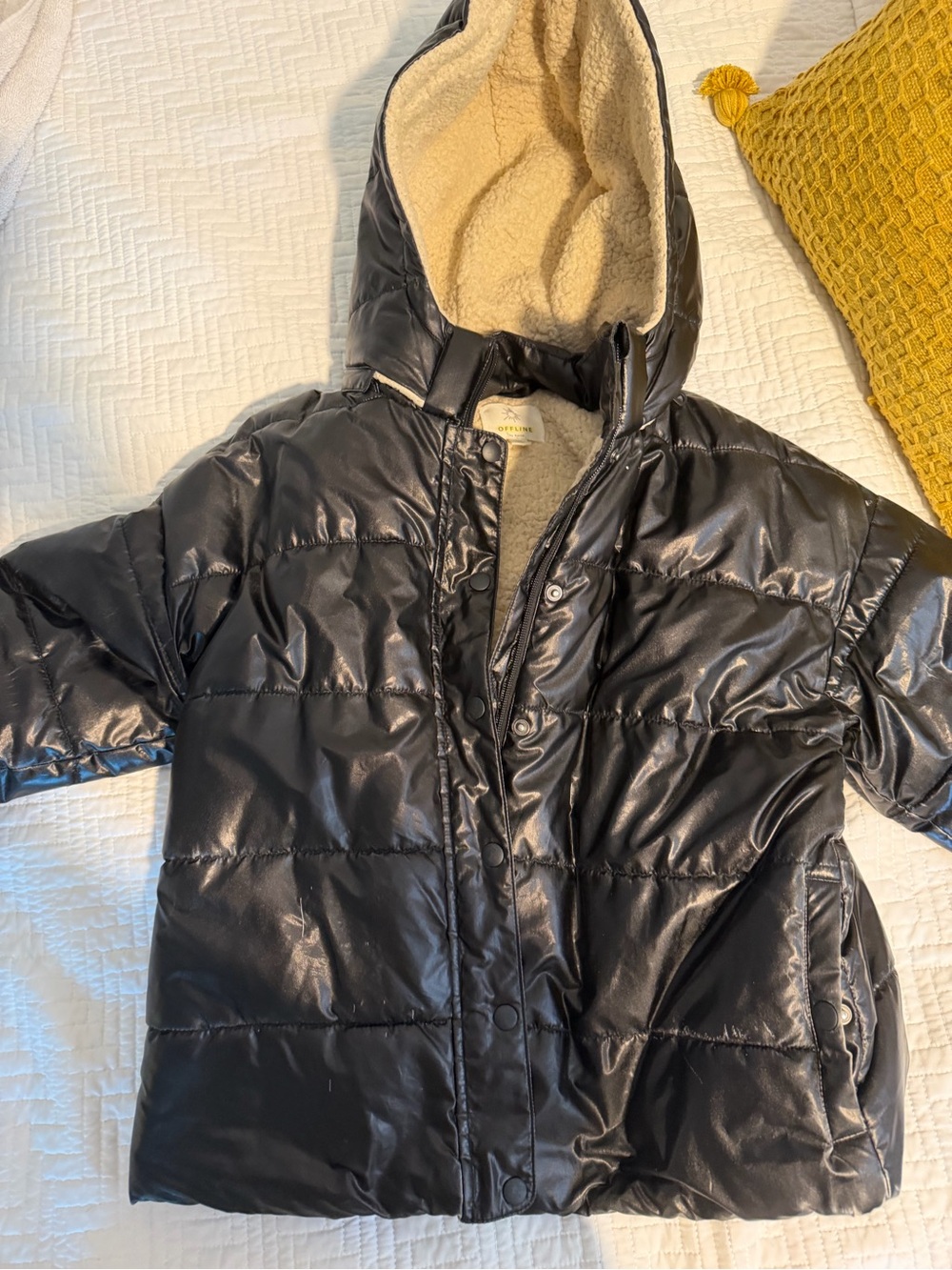 aerie Black Shiny Quilted Puffer with Sherpa Hood